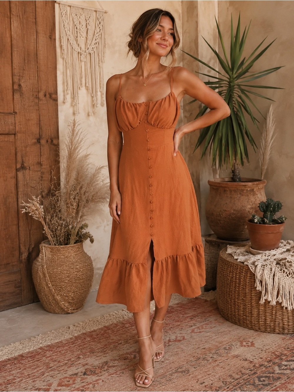 Rust Button-Front Midi Dress with Ruffle Hem Women’s size medium